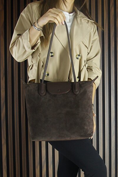Erkan Saçmacı Brown Genuine Cowhide Suede Zippered Magnetic Closure Large Size Daily Shoulder Bag
