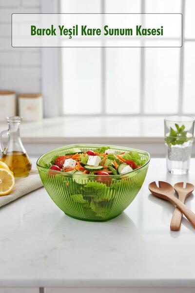 EWs Barok Yeşil Orta Boy Kare Kase & Sunum Kasesi - 1,5 Lt