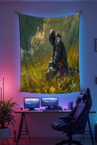 Halura Kneeling Knight Tapestry – High-Quality Fabric, Gamer Player Room Decor Tapestry Wall Hanging