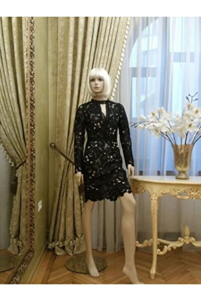 France Mode Rochie de ocazie neagra scurta mulata din dantela cu maneca lunga