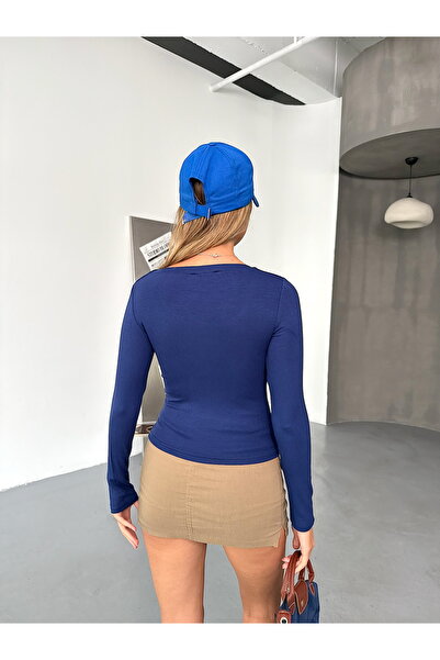 BEJNA Γυναικεία μπλούζα με τετράγωνο λαιμόκοψη σε μπλε ναυτικό χρώμα με υφή