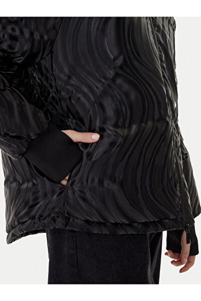 Armani Exchange Women Patterned Regular Fit Removable Hooded Long Sleeve Mock Neck Black Coat Xw000690 Af16211-Fc10