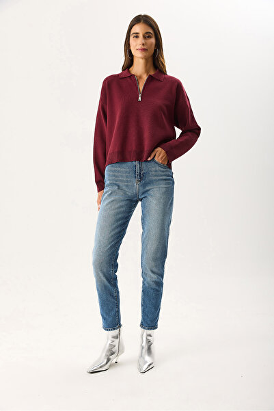 VENA Жіночий трикотажний светр з коміром-поло та застібкою-блискавкою - бордовий