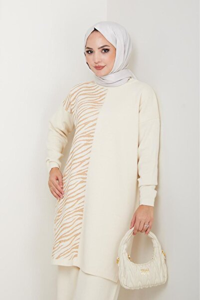 katalya Zebra Pattern Detailed Knitwear Set – Cream