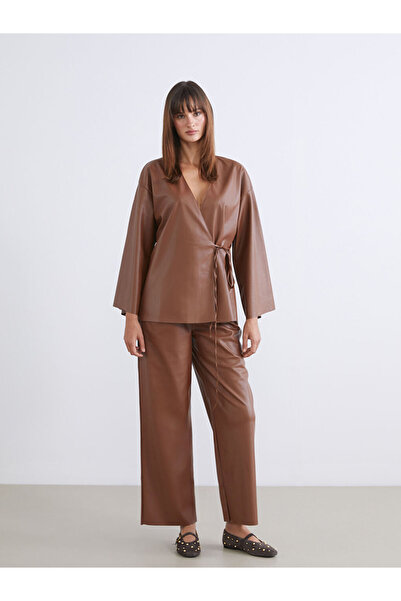 LC Waikiki Brown Elastic Waist Leather-Look Women's Trousers
