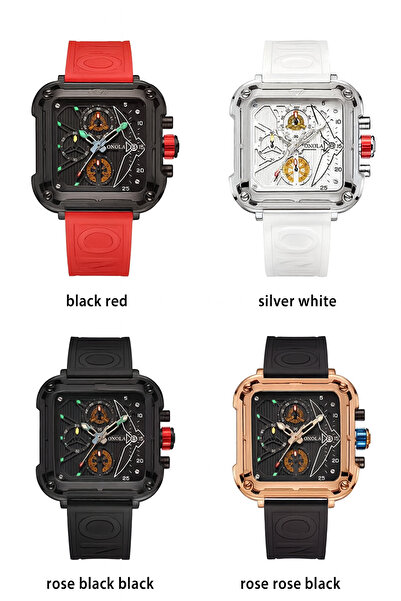 onola Watch 6831 – Sports chronograph with square dial, silicone strap, luminous display, 3 BAR, red/black