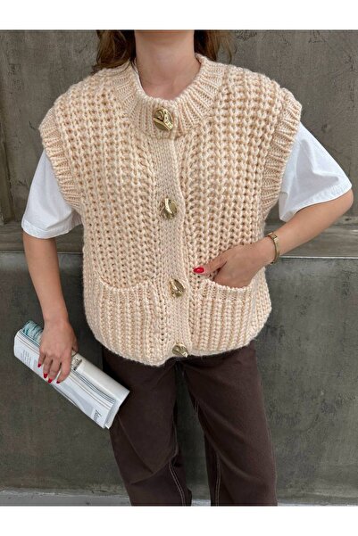 DONNA LISSA Women's Thick Knitted Big Button Pocket Detailed Oversized Knitwear Vest