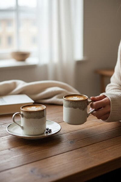 KÜTAHYA HOME Rustic Stoneware Set of 2 Porcelain Coffee Cups – Natural Texture