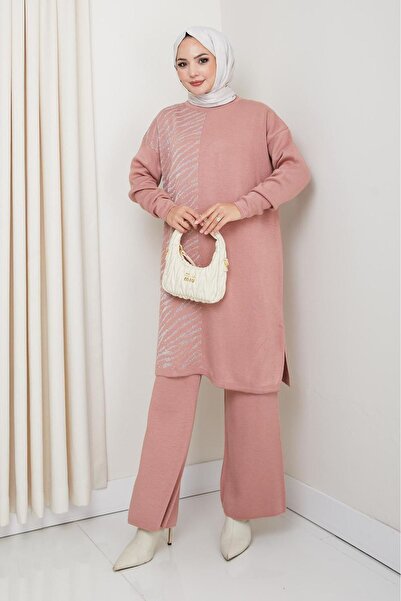 katalya Zebra Pattern Detailed Knitwear Set – Powder