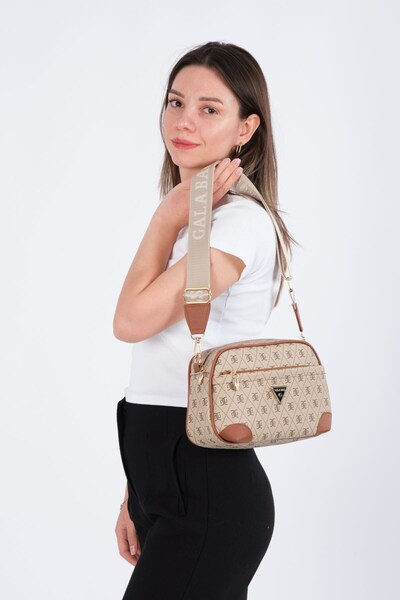 Newish Women's Monogram Patterned Long Strap Crossbody Shoulder Bag 2 Pieces – Brown - Beige Tan
