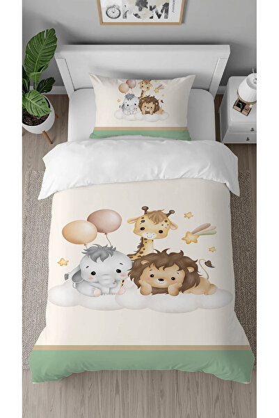 GREENDECOR Lion Elephant Giraffe Balloon Beige Patterned Digital Printed Special Design Children's Duvet Cover Set Without Sheets