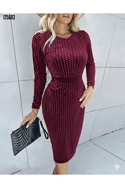 Modayakamoz Yeni Sezon Kadın Taş Detaylı Uzun Kollu Bisiklet Yaka Kadife Midi...