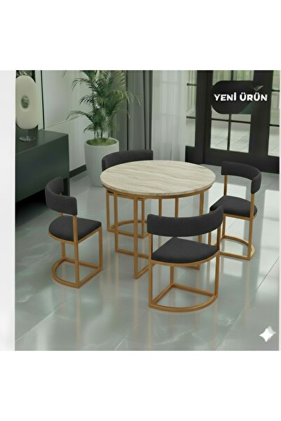EDMONDA EV AKSESUAR MELİS GOLD METAL 90 CM ÇAP YUVARLAK YEMEK MASASI TAKIMI 4...
