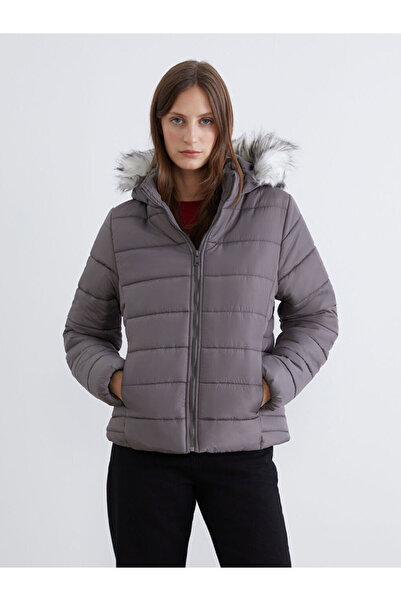 LC Waikiki Lcw Eco Anthracite Fur Hooded Women's Puffer Coat