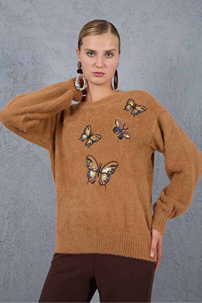 Moda Days Pulover de tricotat B guler rotund pentru femei, bej, cu mâneci bal...