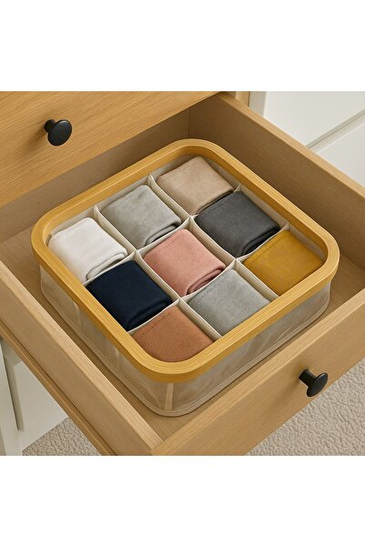 decorev 9-Compartment Sock Organizer with Natural Bamboo Frame – Drawer and Closet Organizer Box Br-6705