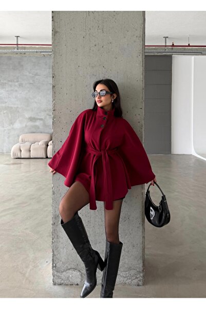 candybia Γυναικείο παλτό Poncho με λεπτομέρεια ζώνης, εισαγόμενο με κουμπιά καστανιάς, μοντέλο ψηλός λαιμός