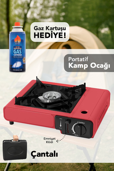mimtec Portatif Kamp Ocağı - Taşıma Çantalı Gazlı Stop Emniyetli Kırmızı Kamp Ocağı ve 1 Adet 227 gr Kartuş