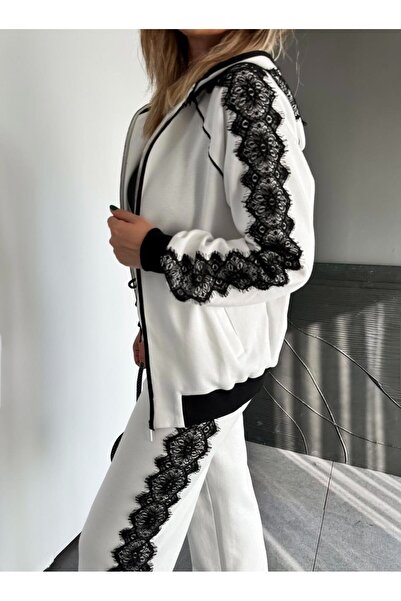 LUMERA BY TUĞBA KARADAĞ Dantel Detaylı Eşofman Takım | Beyaz & Siyah | Şık Sp...