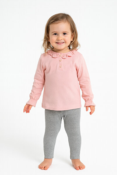 Motebarn Wear Girl's Pink Bodysuit Gray Corded Fabric Leggings Bottom-Top Set