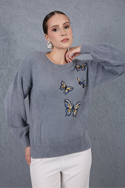 Moda Days Pulover de tricotat B guler rotund pentru femei, gri, cu mâneci bal...