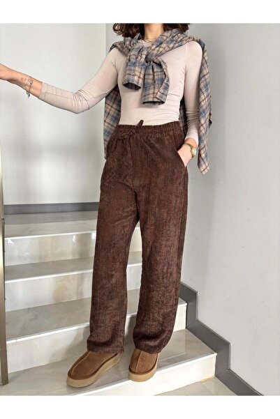 Sude Kızanlıklı Beli Lastikli Fitilli Kadife Pantolon