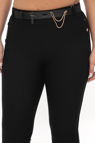 EXİTLİNE Women's Winter Black Trousers with Side Stripes, Buttons, Belt and Accessories