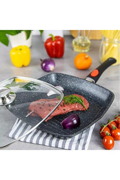 Kinghoff Tigaie cu capac, tip grill, aluminiu, negru, 24 x 24 x 4,5 cm