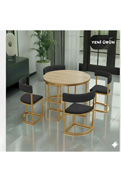 EDMONDA EV AKSESUAR MELİS GOLD METAL 90 CM ÇAP YUVARLAK YEMEK MASASI TAKIMI 4...