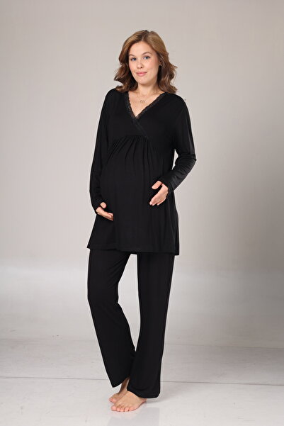 LOHOUSE Women's Black Jacquard Lace Detailed Cotton Maternity Dressing Gown 3-Piece Pajama Set