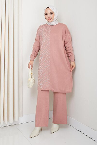 katalya Zebra Pattern Detailed Knitwear Set – Powder