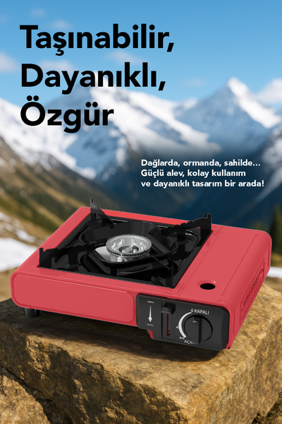 mimtec Portatif Kamp Ocağı - Taşıma Çantalı Gazlı Stop Emniyetli Kırmızı Kamp Ocağı ve 1 Adet 227 gr Kartuş