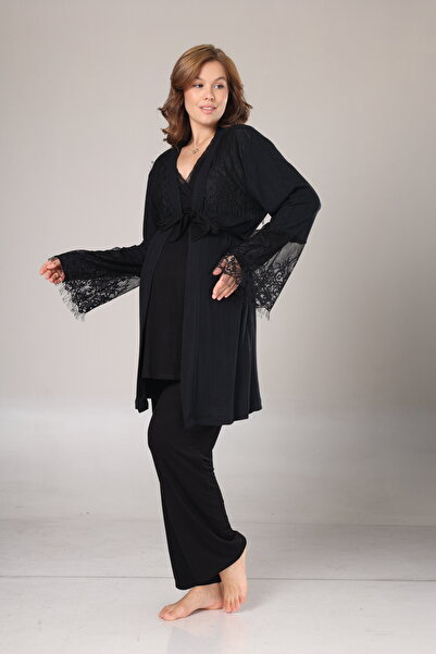 LOHOUSE Women's Black Jacquard Lace Detailed Cotton Maternity Dressing Gown 3-Piece Pajama Set