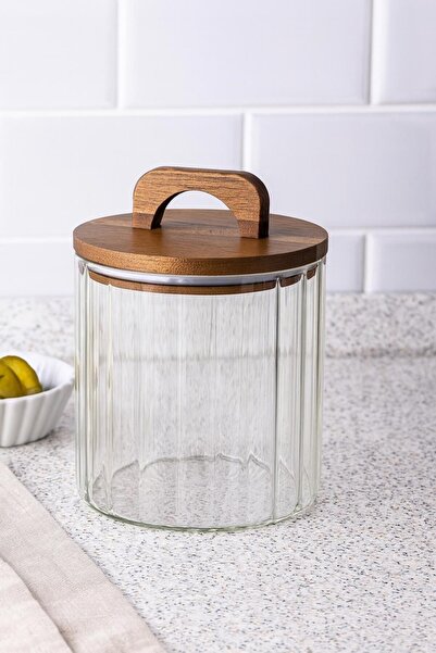 morponi Borosilicate Glass Jar with Optical Stripes and Acacia Lid Zahire 1750 ml