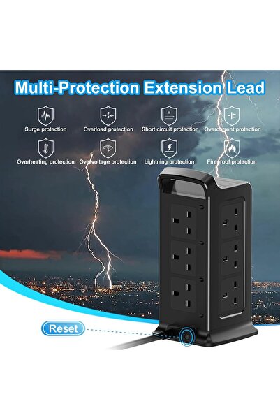 TOPREK Tower Extension Lead, 12-Way Surge Protected Power Strip with 2 USB-C (45W) & 1 USB-A (12W),