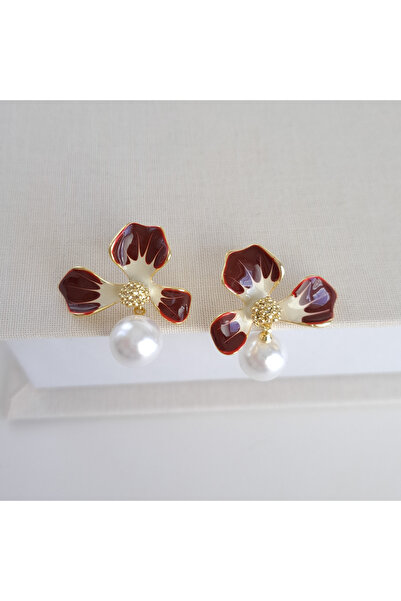 Norevia İthal Bordo Çiçekli Sallantılı İnci Küpe