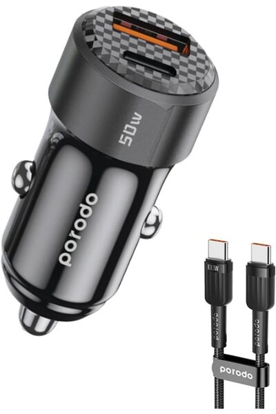 porodo شاحن سيارة (أسود، منفذ مزدوج 50 وات + كابل USB-C إلى USB-C)