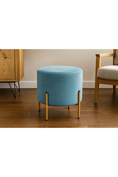 Selgot Round Ottoman with Legs, Velvet Material, 35 x 40 cm, Turquoise