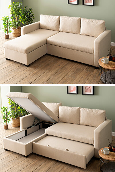 Pafu Kado Yataklı Köşe Koltuk Takımı - Keten Krem