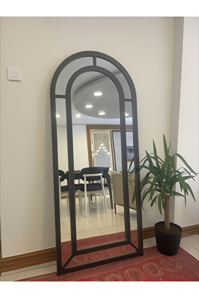 Store Mat Siyah Üzeri Patina Dokulu Kemer Formlu Dekoratif Boy Ayna