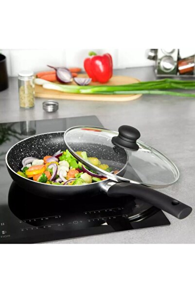 Kinghoff Алуминиев тиган, с капак, мраморен, черен, 5 x 28 см,