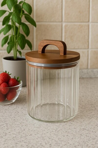 morponi Borosilicate Glass Jar with Optical Stripes and Acacia Lid Zahire 1750 ml