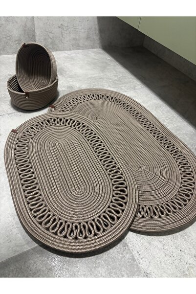 MaVaux Terra 4-Piece Bathroom Set – 2 Oval Mats & 2 Oval Baskets, Natural Rope Weaving, Handmade - Premium