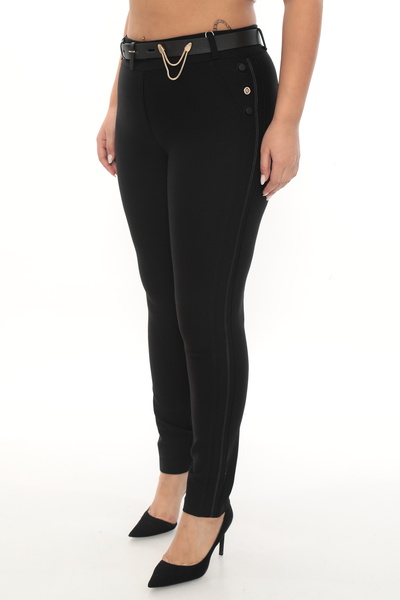 EXİTLİNE Women's Winter Black Trousers with Side Stripes, Buttons, Belt and Accessories