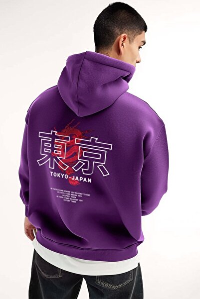 DİVİN Men's Printed Hooded Sweatshirt Oversize Cut 3-Ply Cotton Fabric