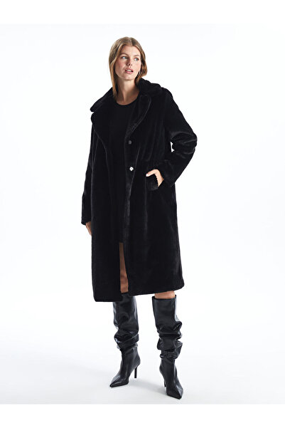 LC Waikiki Black Jacket Collar Women's Fur Coat