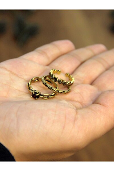 esha Natural Stone 3-Piece Garnet (Ruby) Natural Stone Chain Model Women's Adjustable Ring Set Euy83