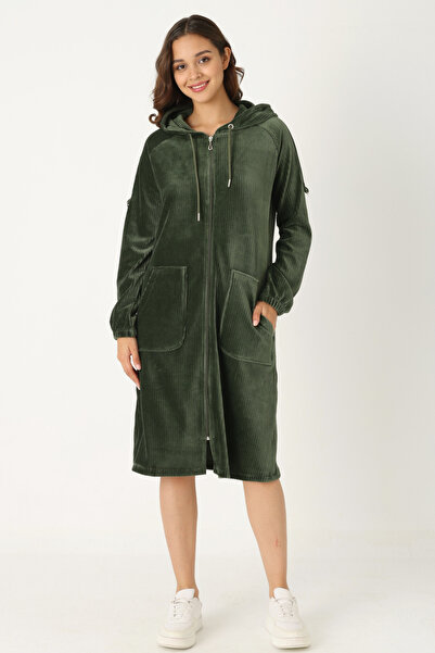 İntensive Kadın Haki Kapüşonlu Fermuarlı Pamuklu Kadife Cepli Elbise