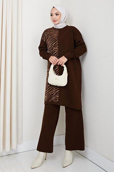 katalya Zebra Pattern Detailed Knitwear Set – Brown