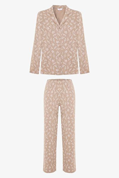 Penti Bej Flower Time Gömlek Yaka Pamuklu Uzun Kollu Pijama Takımı